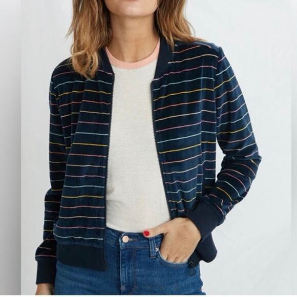 Marine Layer Navy Rainbow Striped Velour Auckland Full Zip Bomber Jacket - S - Picture 1 of 11